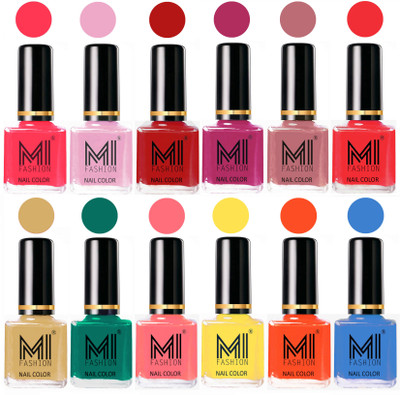 

MI Fashion Non-Toxic Premium Lacquer 7 Days Long Lasting Nail Polish Shades of 12 Pcs in Wholesale Rate- Neon Pink ,Pale Violet ,Red ,Plum ,Nude Spring ,Coral ,Tan ,Sea Green ,Pink ,Yellow ,Coral ,Sea Blue(Pack of 12)