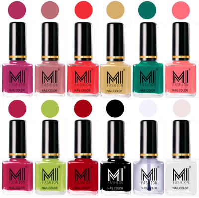 

MI Fashion Non-Toxic Premium Lacquer 7 Days Long Lasting Nail Polish Shades of 12 Pcs in Wholesale Rate- Plum ,Nude Spring ,Coral ,Tan ,Sea Green ,Pink ,Pink ,Lime Green ,Red ,Black ,Top Coat ,White(Pack of 12)