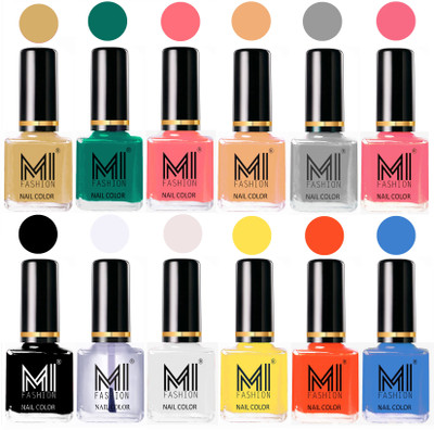 

MI Fashion Non-Toxic Premium Lacquer 7 Days Long Lasting Nail Polish Shades of 12 Pcs in Wholesale Rate- Tan ,Sea Green ,Pink ,Nude ,Grey ,Pink ,Black ,Top Coat ,White ,Yellow ,Coral ,Sea Blue(Pack of 12)