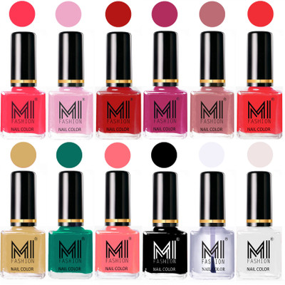 

MI Fashion Non-Toxic Premium Lacquer 7 Days Long Lasting Nail Polish Shades of 12 Pcs in Wholesale Rate- Neon Pink ,Pale Violet ,Red ,Plum ,Nude Spring ,Coral ,Tan ,Sea Green ,Pink ,Black ,Top Coat ,White(Pack of 12)