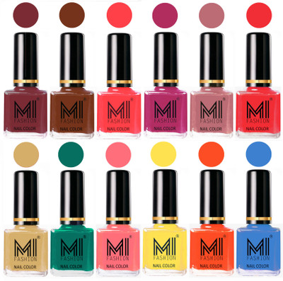 

MI Fashion Non-Toxic Premium Lacquer 7 Days Long Lasting Nail Polish Shades of 12 Pcs in Wholesale Rate- Mauve Brown ,Olive Brown ,Carrot Red ,Plum ,Nude Spring ,Coral ,Tan ,Sea Green ,Pink ,Yellow ,Coral ,Sea Blue(Pack of 12)