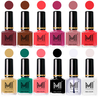 

MI Fashion Non-Toxic Premium Lacquer 7 Days Long Lasting Nail Polish Shades of 12 Pcs in Wholesale Rate- Mauve Brown ,Olive Brown ,Carrot Red ,Plum ,Nude Spring ,Coral ,Tan ,Sea Green ,Pink ,Black ,Top Coat ,White(Pack of 12)