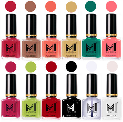 

MI Fashion Non-Toxic Premium Lacquer 7 Days Long Lasting Nail Polish Shades of 12 Pcs in Wholesale Rate- Magenta ,Dark Nude ,Peach ,Tan ,Sea Green ,Pink ,Pink ,Lime Green ,Red ,Black ,Top Coat ,White(Pack of 12)