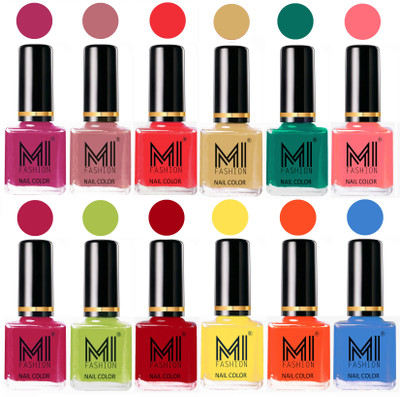 

MI Fashion Non-Toxic Premium Lacquer 7 Days Long Lasting Nail Polish Shades of 12 Pcs in Wholesale Rate- Plum ,Nude Spring ,Coral ,Tan ,Sea Green ,Pink ,Pink ,Lime Green ,Red ,Yellow ,Coral ,Sea Blue(Pack of 12)