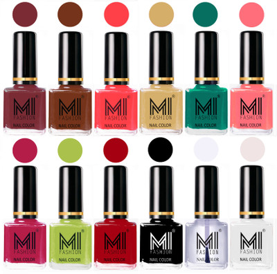 

MI Fashion Non-Toxic Premium Lacquer 7 Days Long Lasting Nail Polish Shades of 12 Pcs in Wholesale Rate- Mauve Brown ,Olive Brown ,Carrot Red ,Tan ,Sea Green ,Pink ,Pink ,Lime Green ,Red ,Black ,Top Coat ,White(Pack of 12)