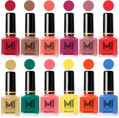 

MI Fashion Non-Toxic Premium Lacquer 7 Days Long Lasting Nail Polish Shades of 12 Pcs in Wholesale Rate- Magenta ,Dark Nude ,Peach ,Plum ,Nude Spring ,Coral ,Tan ,Sea Green ,Pink ,Yellow ,Coral ,Sea Blue(Pack of 12)