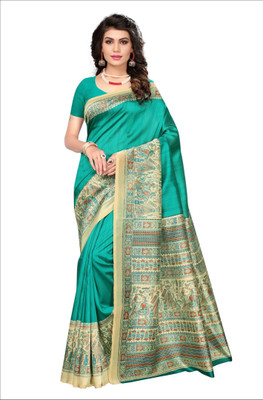 Ishin Printed Kalamkari Poly Silk Saree(Green)