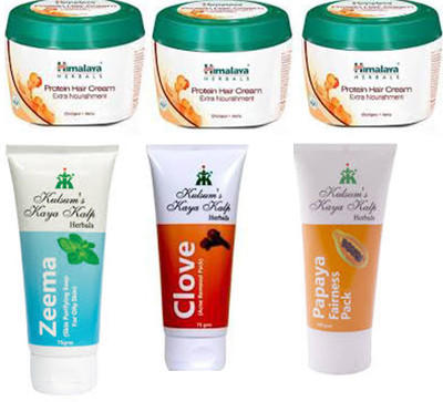 

Himalaya PROTIEN HAIR CREAM (100*3), kulsum's kaya kalp ZEEMA(skin purifying cleanser-75 gms)CLOVE(acne removal pack-75 gms),PAPAYA (fairness pack-100gms) pack of 6(Set of 6)