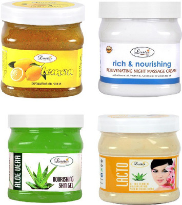 

Luster CUSTOMIZED FACIAL KIT ( Lemon Face Scrub + Rich & Nourishing Cream + Aloe Vera Nourishing Skin Gel+ Lacto D-Tan Face Pack) 2000 ml(Set of 4)