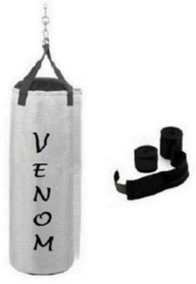 

Venom 2.5 Feet Long, SRF - STANDARD Material, White Color, Unfilled with Hanging Straps and 9 Feet Long Black Color Hand Wraps Pair Gym & Fitness Kit