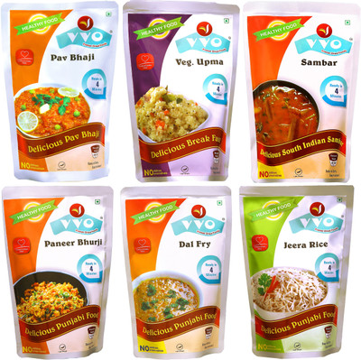 

VVO Ready to eat Freeze Dried Pav Bhaji, Upma, Sambar, Paneer Bhurji, Dal Fry & Jeera rice (Combo of 6) 330 g