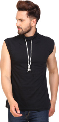 PAUSE Solid Men Turtle Neck Black T-Shirt