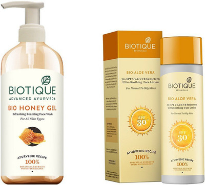 

BIOTIQUE BIO Bio Honey Gel Face Wash, Biotique Aloe Vera Ultra Soothing Face Lotion SPF 30 UVA/UVB Sunscreen(Set of 2)