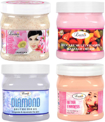 

Luster Customized Facial Kit( Florence Cream Scrub + Fru Care Multi Vitamin Cream + Diamond Skin Gel + Ultra Fairness Face Pack ) 2000 ml(Set of 4)