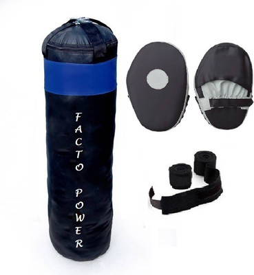 

FACTO POWER 4.0 Feet Long, PU Material, Black and Blue Color, Unfilled with Hanging Straps, Pair of Black Color Straight Coacher Pad and 9 Feet Long Black Color Hand Wraps Pair Gym & Fitness Kit