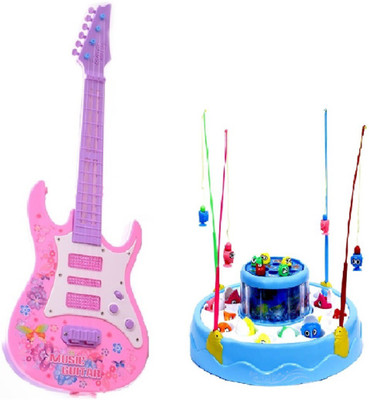 

New Pinch combo of Rotating Magnetic Fishing Game with Musical pink Guitar toy For Kids(Multicolor)