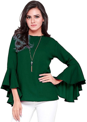 69 OFF on VAANYA Casual Bell Sleeve Solid Women s Dark Green Top