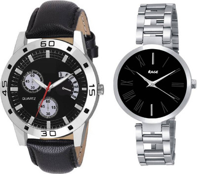 

Rage Enterprise New Designer Black Dial Couple Combo Set Of 2 Boys & Girls Watch - For Men & Women