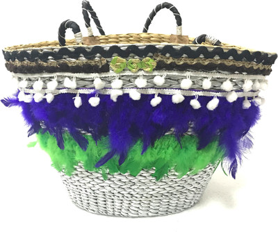 

sanskritindia Cane Woven Bag Beautiflly Emblieshed With Pom Pom Lace Multicolor Feather Multipurpose Bag(Beige, 1 L)