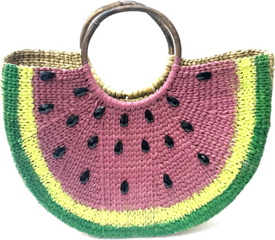 

sanskritindia Semi- Circle Watermellon Emblished With Crystal Beads Seeds Handmade Cane Basket Multipurpose Bag(Multicolor, 1 L)