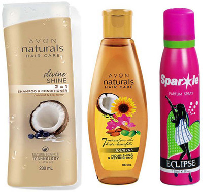 

Avon Anew camellia & chamomile Anti dandruff shampoo & conditioner 200 ml & one naturals nourishing & refreshing hair oil 100 ml With one sparkle perfume spray 150 ml(Set of 3)