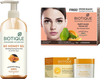 

BIOTIQUE BIO Bio Honey Gel Face Wash, Bio Party Glow Facial Kit, Bio Carrot Ultra Soothing Face Cream SPF 40 UVA/UVB Sunscreen(Set of 3)