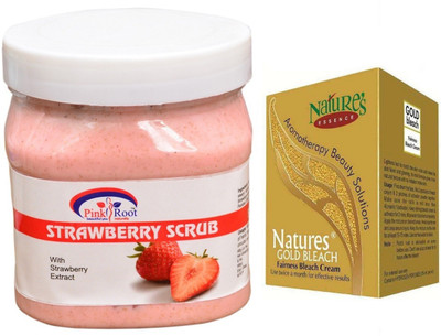 Pink Root Strawberry Scrub 500ml, Nature's Essence Gold Bleach 43g(Set of 2)