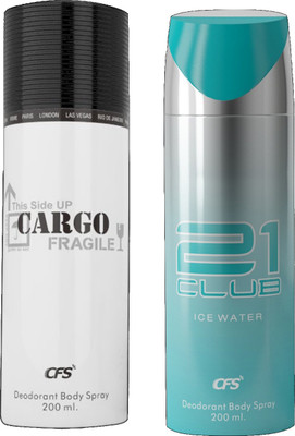 

CFS 21 CLUB ICE WATER & CARGO WHITE DEODORANT BODY SPRAY 200ML+ 200ML PACK OF 2 PC Body Spray - For Men & Women(5 ml, Pack of 2)