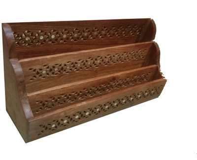 

WoodCart 3 Compartments Wooden H@ndmade Letter Holder for Paper, Stationary & Other Office Using Items Holder Jali Design Magazine Holder(Brown)
