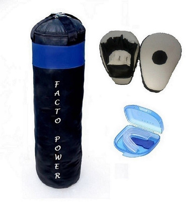 

FACTO POWER 4.0 Feet Long, PU Material, Black and Blue Color, Unfilled with Hanging Straps, Pair of Black Color Curve Coacher Pad and Blue Color Mouth Guard Gym & Fitness Kit