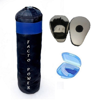 

FACTO POWER 5.0 Feet Long, PU Material, Black and Blue Color, Unfilled with Hanging Straps, Pair of Black Color Curve Coacher Pad and Blue Color Mouth Guard Gym & Fitness Kit