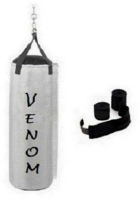 

Venom 3.5 Feet Long, SRF - STANDARD Material, White Color, Unfilled with Hanging Straps and 9 Feet Long Black Color Hand Wraps Pair Boxing Kit