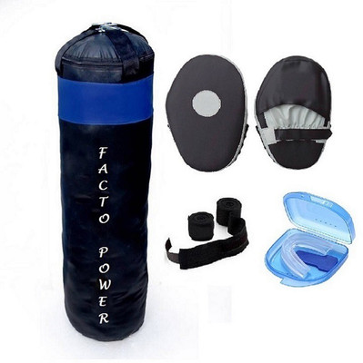 

FACTO POWER 4.0 Feet Long, PU Material, Black and Blue Color, Unfilled with Hanging Straps, Pair of Black Color Straight Coacher Pad, 9 Feet Long Black Color Hand Wraps and Blue Color Mouth Guard Gym & Fitness Kit