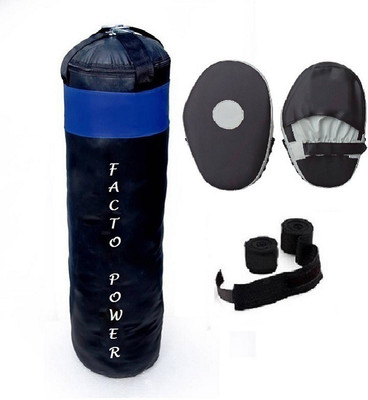 

FACTO POWER 3.0 Feet Long, PU Material, Black and Blue Color, Unfilled with Hanging Straps, Pair of Black Color Straight Coacher Pad and 9 Feet Long Black Color Hand Wraps Pair Gym & Fitness Kit