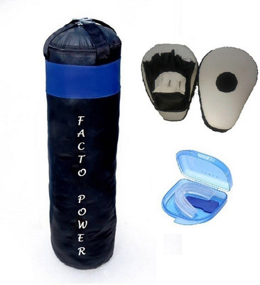 

FACTO POWER 3.5 Feet Long, PU Material, Black and Blue Color, Unfilled with Hanging Straps, Pair of Black Color Curve Coacher Pad and Blue Color Mouth Guard Gym & Fitness Kit