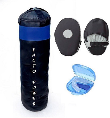 

FACTO POWER 4.5 Feet Long, PU Material, Black and Blue Color, Unfilled with Hanging Straps, Pair of Black Color Straight Coacher Pad and Blue Color Mouth Guard Gym & Fitness Kit