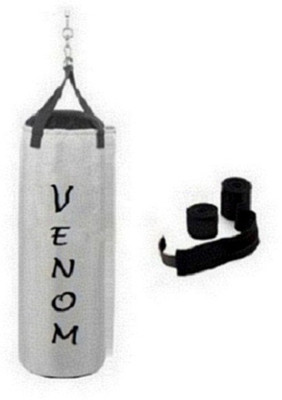

Venom 2.5 Feet Long, SRF - STANDARD Material, White Color, Unfilled with Hanging Straps and 9 Feet Long Black Color Hand Wraps Pair Boxing Kit