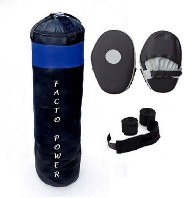 

FACTO POWER 3.5 Feet Long, PU Material, Black and Blue Color, Unfilled with Hanging Straps, Pair of Black Color Straight Coacher Pad and 9 Feet Long Black Color Hand Wraps Pair Gym & Fitness Kit