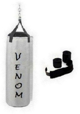 

Venom 7.0 Feet Long, SRF - STANDARD Material, White Color, Unfilled with Hanging Straps and 9 Feet Long Black Color Hand Wraps Pair Boxing Kit