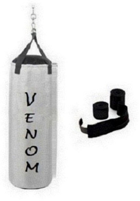 

Venom 3.0 Feet Long, SRF - STANDARD Material, White Color, Unfilled with Hanging Straps and 9 Feet Long Black Color Hand Wraps Pair Boxing Kit