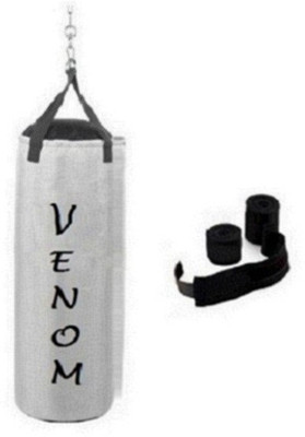

Venom 5.5 Feet Long, SRF - STANDARD Material, White Color, Unfilled with Hanging Straps and 9 Feet Long Black Color Hand Wraps Pair Boxing Kit