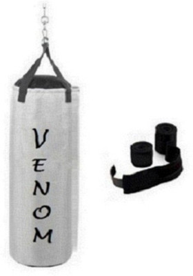 

Venom 5.0 Feet Long, SRF - STANDARD Material, White Color, Unfilled with Hanging Straps and 9 Feet Long Black Color Hand Wraps Pair Boxing Kit