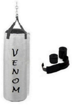 

Venom 6.0 Feet Long, SRF - STANDARD Material, White Color, Unfilled with Hanging Straps and 9 Feet Long Black Color Hand Wraps Pair Boxing Kit