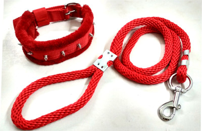 

skora Premium quality 1.25" Spike dog collar & Rope leash(non-breakable) for  breed dog . Dog Collar & Leash(, Red