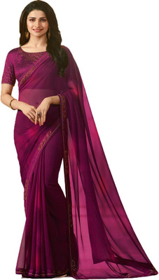 Bombey Velvat Fab Plain, Self Design, Hand Painted, Geometric Print, Floral Print, Digital Prints, Solid, Applique, Paisley, Striped, Checkered Coimbatore Georgette, Chiffon Saree(Purple)