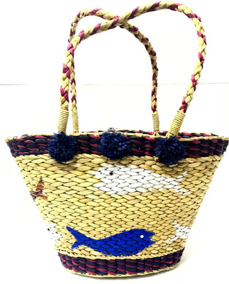 

sanskritindia Cane Woven Basket Beautiflly Emblieshed With Pom Pom And Lace Multipurpose Bag(Beige, 2 L)