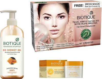 

BIOTIQUE BIO Bio Honey Gel Face Wash, Bio Pearl White Facial Kit, Bio Carrot 40+Spc Sunscreen Ultra Soothing Face Cream(Set of 3)