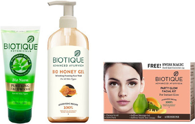 

BIOTIQUE BIO Bio Honey Gel Face Wash, Bio Party Glow Facial Kit, Bio Neem Purifying Face Wash(Set of 3)