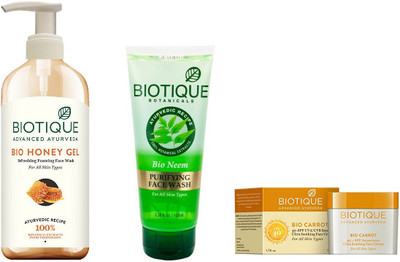 

BIOTIQUE BIO Bio Honey Gel Face Wash, Bio Neem Purifying Face Wash, Bio Carrot 40+Spc Sunscreen Ultra Soothing Face Cream(Set of 3)
