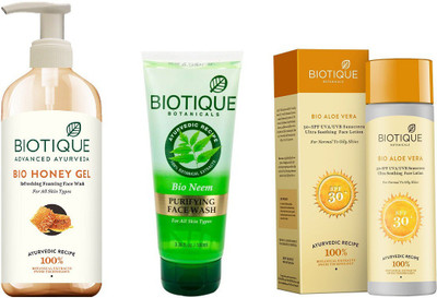 

BIOTIQUE BIO Bio Honey Gel Face Wash, Bio Neem Purifying Face Wash, Bio Aloe Vera Ultra Soothing Face Lotion SPF 30 UVA/UVB Sunscreen(Set of 3)